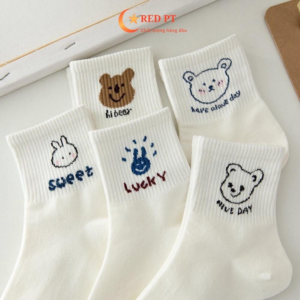 Tất nữ cổ ngắn vớ xinh cute màu trắng cotton hình chữ và gấu thú