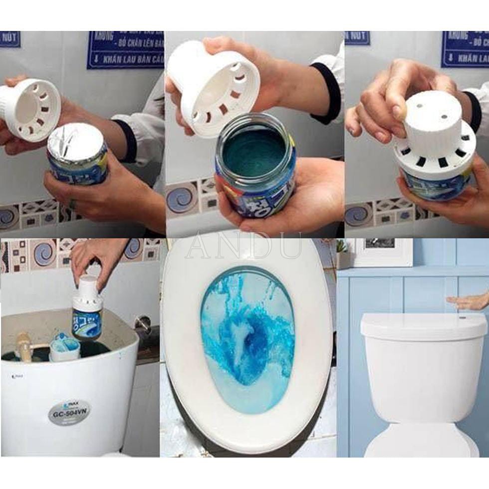 Lọ Thả Bồn Cầu Hàn Quốc Nắp Tím Nước Xanh, Chai Tẩy Khử Khuẩn Mùi Hôi Toilet Có Hương Hoa Thơm Ngát Tiện Lợi