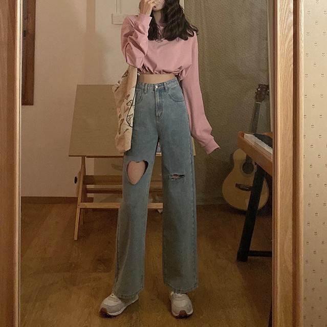 LEEVA - Quần jeans rách trái tim dáng dài cho nữ ống suông Q036