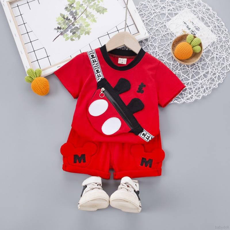 Bộ đồ 2 món áo thun tay ngắn in hoạt hình + quần short màu trơn dành cho bé trai 0-4 tuổi