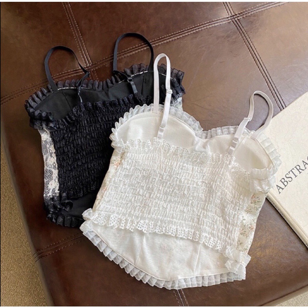 Áo Bra Hai Dây Croptop Phối Ren Họa Tiết Hoa Nhí, Áo Corset Lưng Chun Thoáng Mát | BigBuy360 - bigbuy360.vn