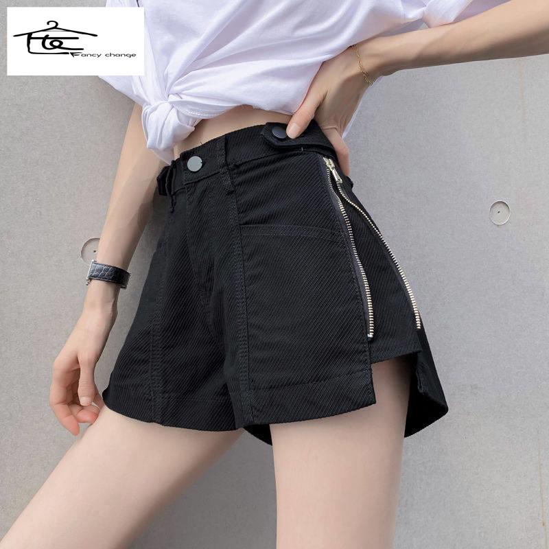 Quần Short Jean Màu Đen Lưng Cao Dáng Rộng Phối Khóa Kéo Thời Trang Mùa Hè Cho Nữ 2022