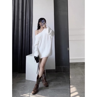 Áo len lông mịn cổ V dáng váy
