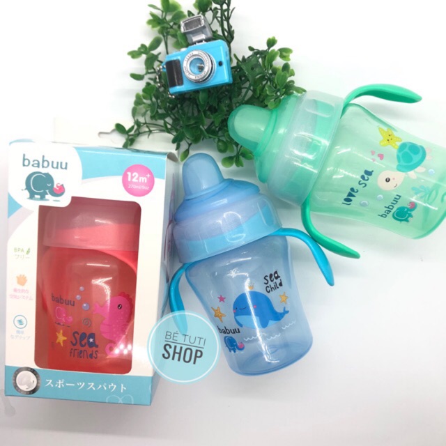 Bình tập uống đầu mềm có tay cầm Babu Baby 240ml (hình cá heo) Nhật Bản BB17933