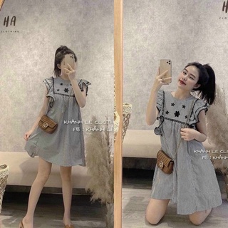 [Siêu Hot] Váy Kẻ Babydoll Thêu Siêu Xinh, Váy Nữ Dáng Suông Có Ảnh Thật Kèm Video