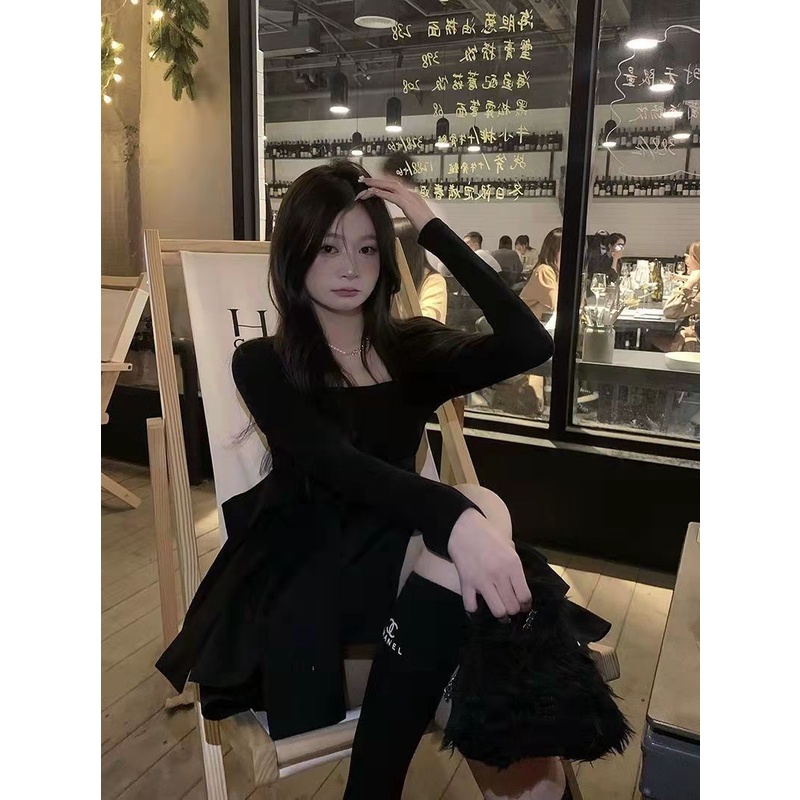 Đầm Đen Cổ Vuông Thắt Nơ Nhấn Eo Tôn Dáng Hợp Thời Trang Cho Nữ  tao bao
