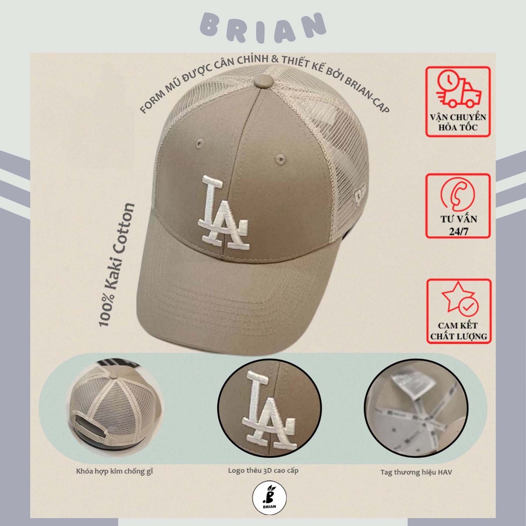 Mũ lưỡi trai lưới nâu MLB thêu chữ LA trắng Hàn Quốc, nón kết lưỡi trai phong cách Hàn quốc LA, hàng xuất dư.
