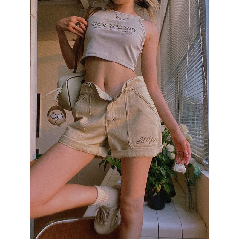 Quần Short Jeans Lưng Cao Ống Rộng Phong Cách Retro Mỹ Thời Trang Cho Nữ