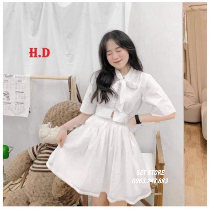 Đầm Trắng nữ,Set váy nơ cổ dáng xòe tiểu thư tôn dáng xinh xịn mịn - l | BigBuy360 - bigbuy360.vn