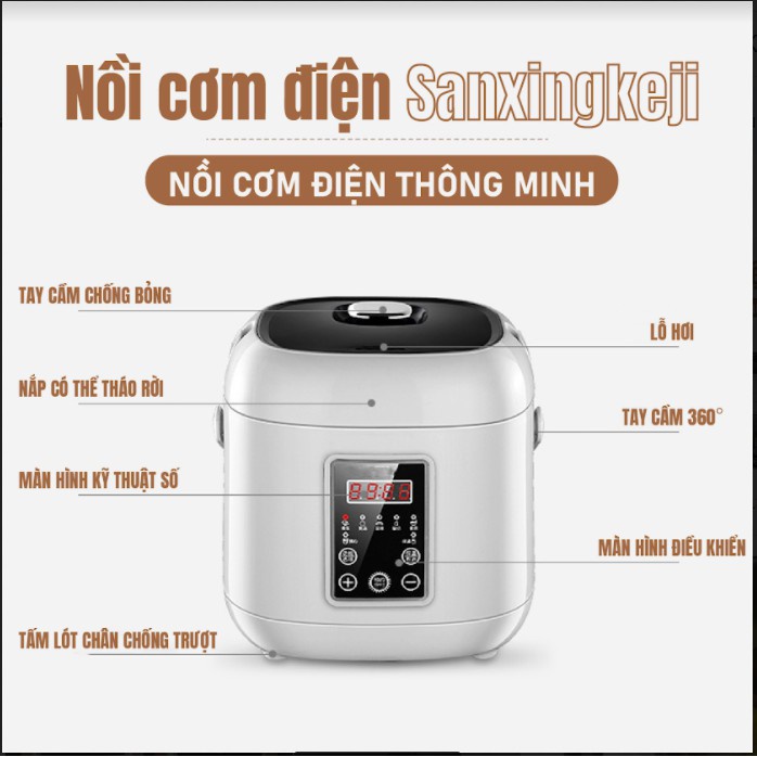 [HÀNG MỚI VỀ] Nồi cơm điện thông minh đa chức năng nhỏ hộ gia đình, nồi cơm 2L Sanxingkeji