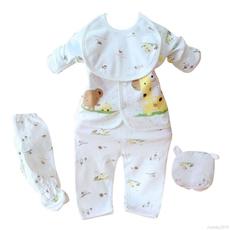 Set 5 món quần áo ngủ + yếm + mũ bằng cotton cho bé sơ sinh