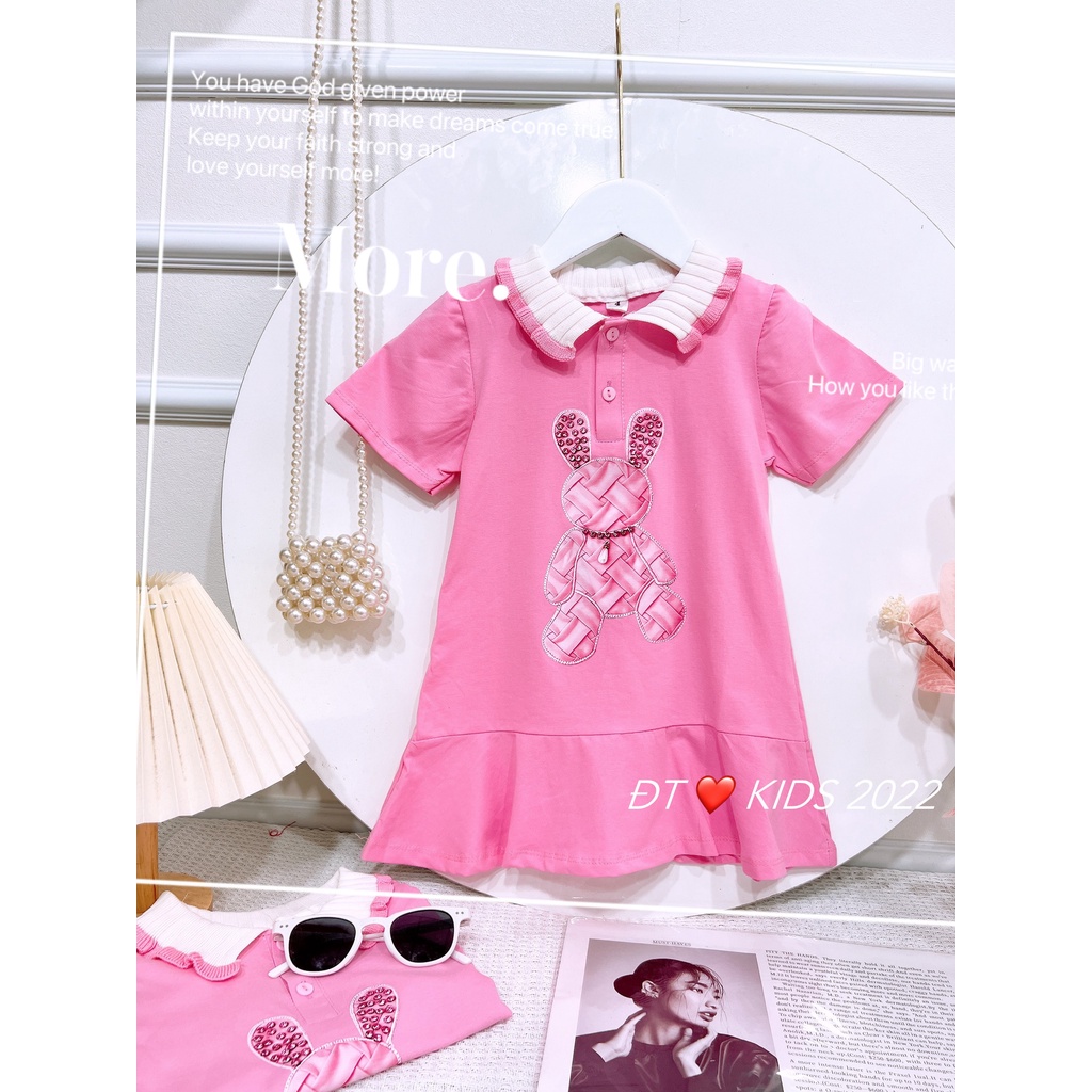 Váy bé gái, Đầm cotton đuôi cá họa tiết Thỏ hồng phối cổ dệt cho bé gái 8-20kg