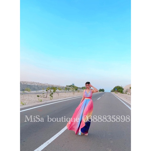 Đầm maxi xanh hồng đỏ vàng loang màu ombre cao cấp hở lưng xẻ tà váy maxi đan lưng xẻ tà đầm suông