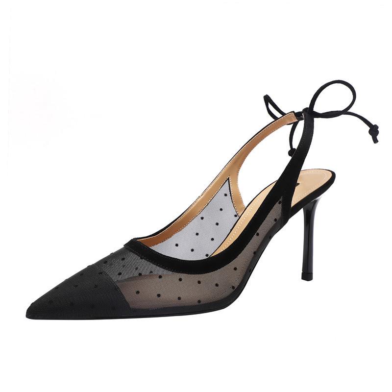 Giày Cao Gót Mũi Nhọn Cột Dây Hở Lưng Họa Tiết Chấm Bi Phong Cách Pháp 2022 Thời Trang Cho Nữ