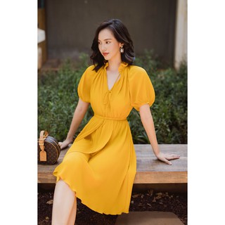 Đầm dập ly chun eo vàng -HBV1129
