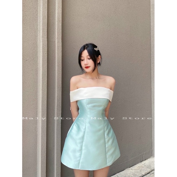 Đầm xoè nơ lưng trễ vai đen hồng xanh trắng