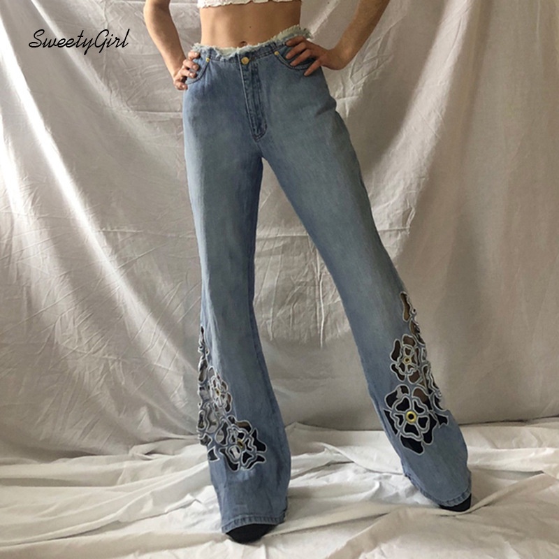 Quần Jeans Lưng Thấp Ống Loe Thêu Họa Tiết Thời Trang Đường Phố Cho Nữ 2022