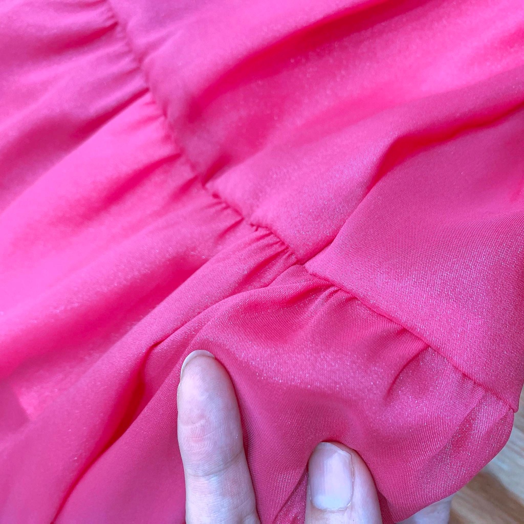 Đầm suông voan tơ dáng dài 3 tầng đuôi cá màu hồng cánh sen