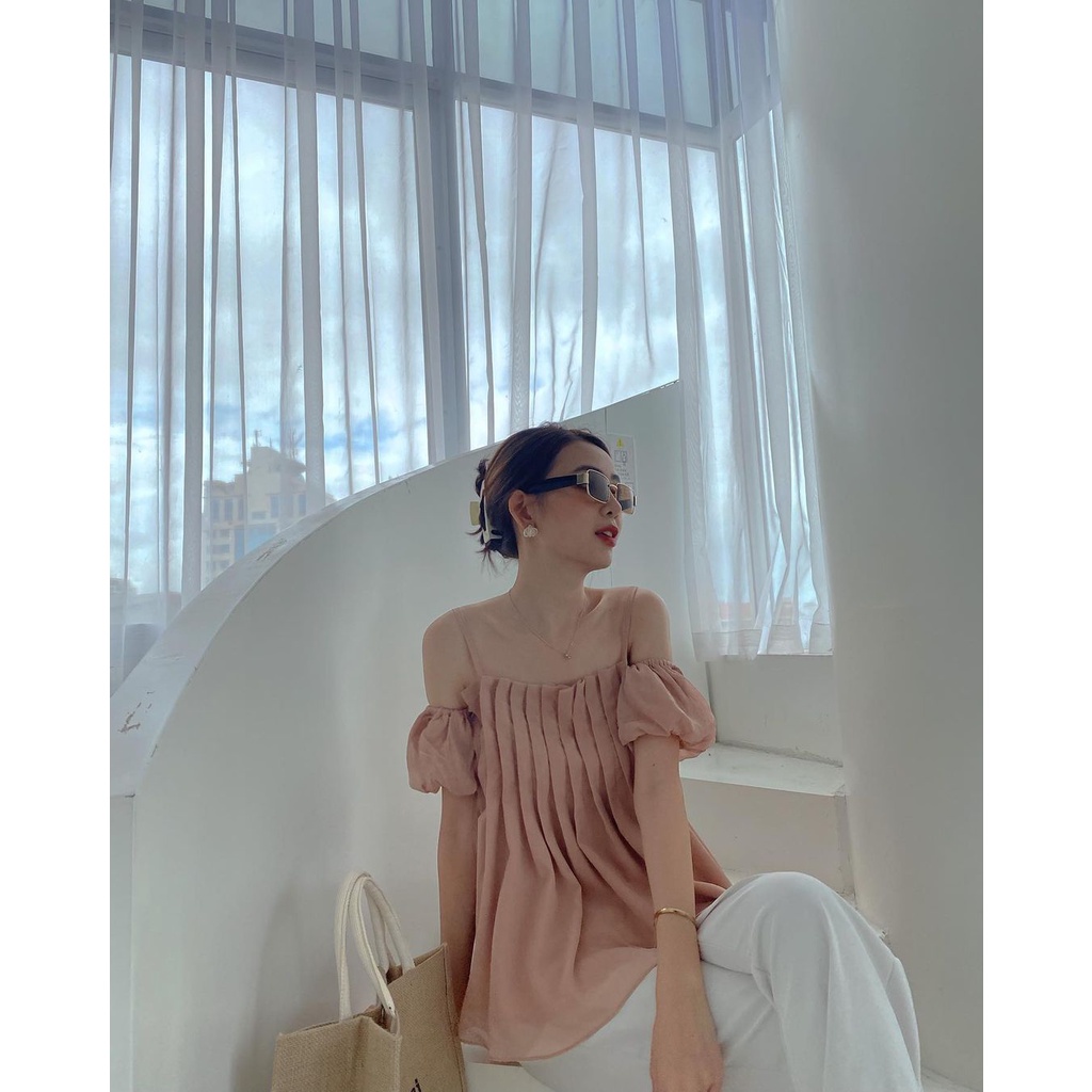 Áo trễ vai 2 dây nữ [2 lớp] chất tơ mềm ,tay bồng cao cấp thiết kế dập ly A-2DL | BigBuy360 - bigbuy360.vn