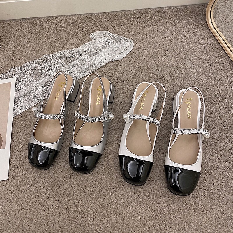 Giày búp bê hở gót quai xích da bóng đế vuông cao 4cm