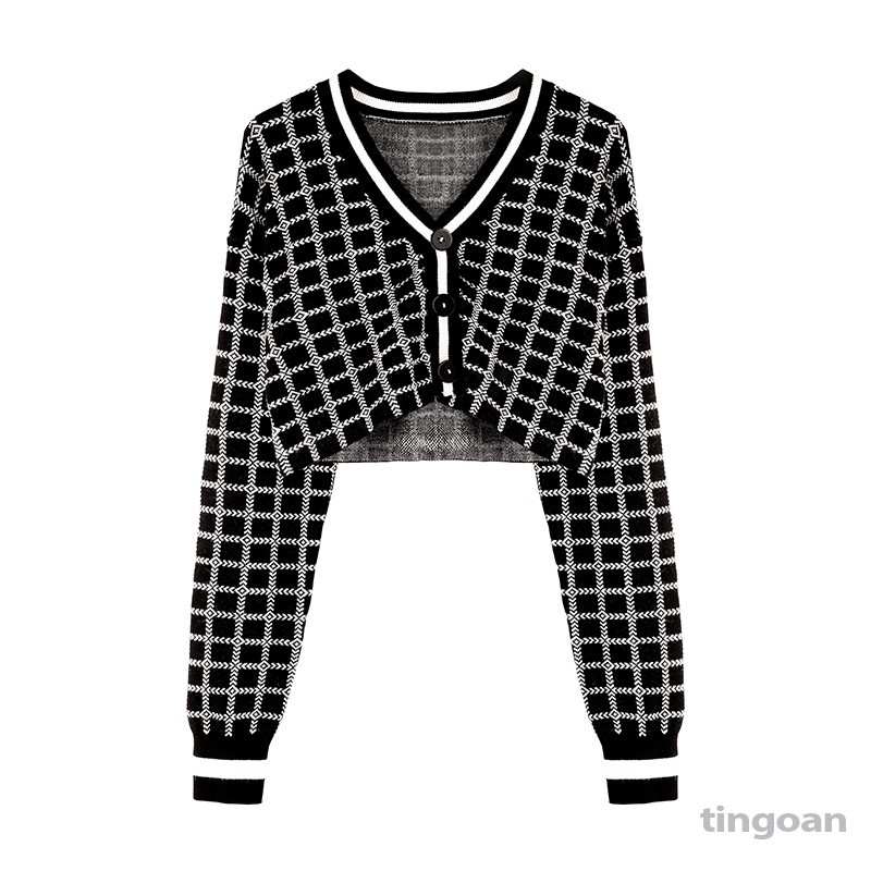 [Mã WABRTN02 giảm 10% ]Áo khoác cardigan crop caro đen tingoan MISS BLING TOP/BL | BigBuy360 - bigbuy360.vn