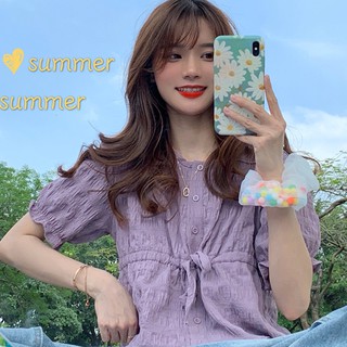 Áo bánh bèo áo kiểu nữ tiểu thư tay ngắn cổ tròn màu tím chất đẹp điệu đà sang chảnh thời trang 2020