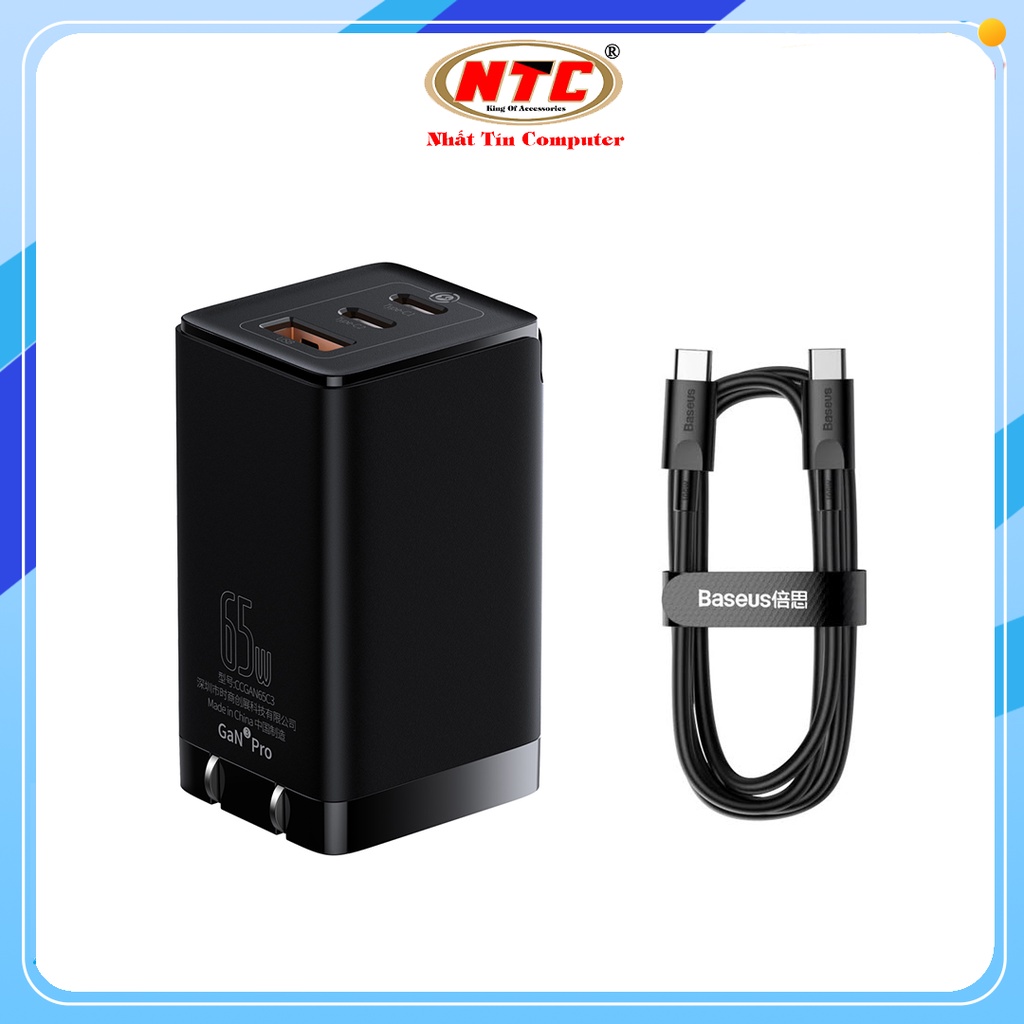 Bộ cốc sạc 3 cổng và cáp TypeC to TypeC Baseus GaN3 Pro 65W hỗ trợ PD3.0/ PPS/ QC4.0/ SCP/ FCP - Nhất Tín Computer