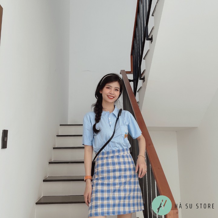 Set Đồ Nữ Ulzzang Áo Phông Tay Lỡ Có cổ + Chân Váy Kẻ Sọc Dáng Chữ A (Có ảnh + video thật)