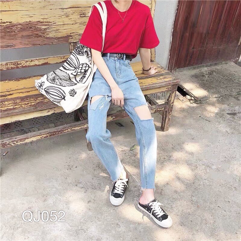 Quần Jean baggy nữ VN CLO wash rách 2 bên gối - QJ052