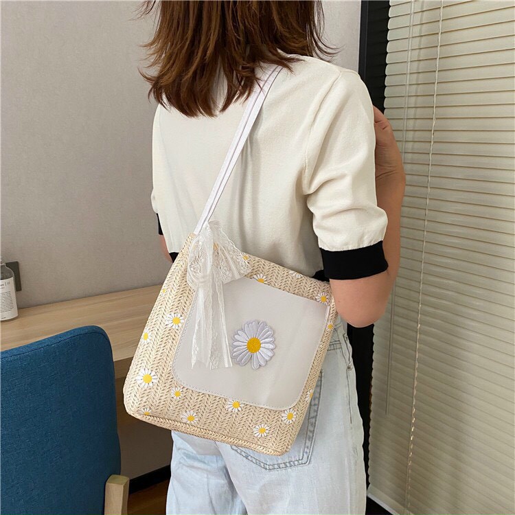 Túi cói hoa cúc, túi summer đi biển có khăn thắt nơ dễ thương đeo vai cho chị em HOT HIT