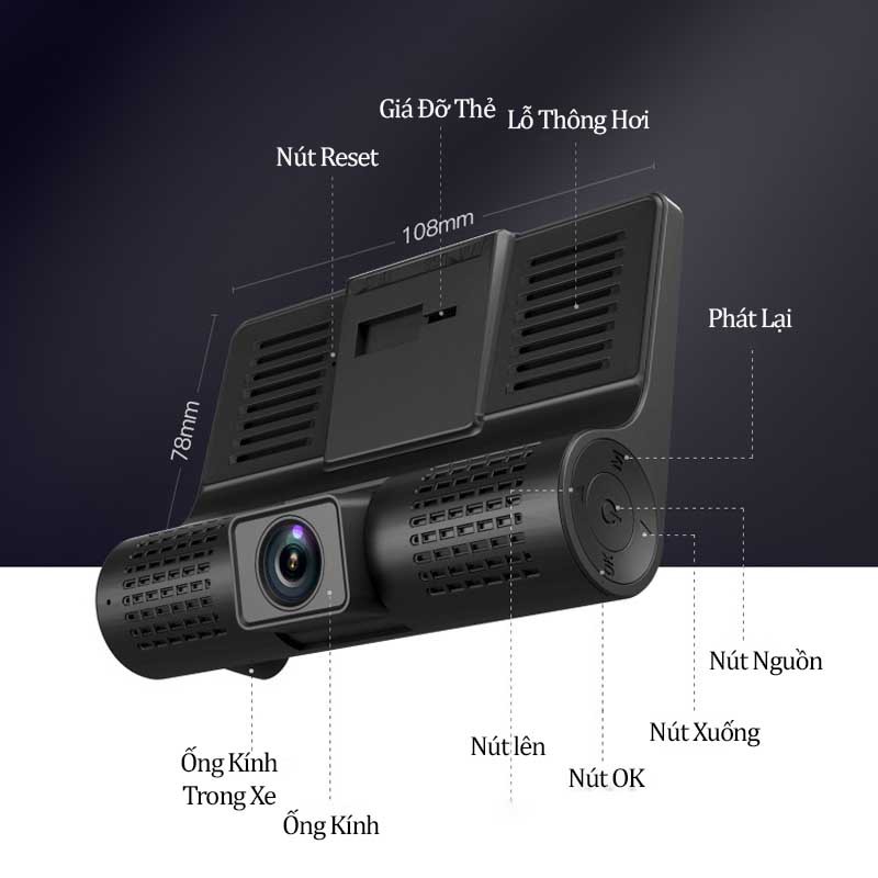 Camera Hành Trình Ô Tô 3 Mắt DVR 4 inch fullHD 1080p Thế Hệ Mới - Camera Hành Trình Ô Tô Sau Chống Nước