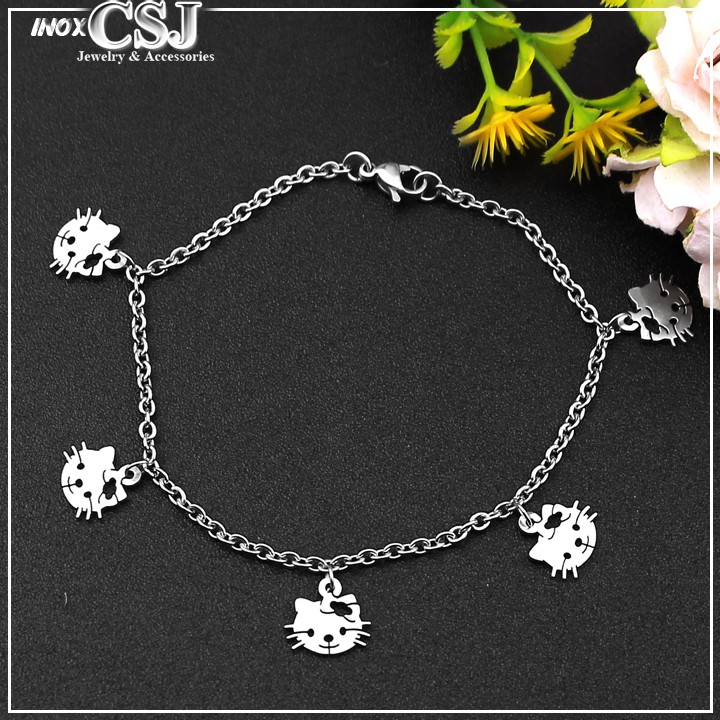 Lắc tay con mèo kitty cách điệu inox titan giá rẻ không đen & gỉ