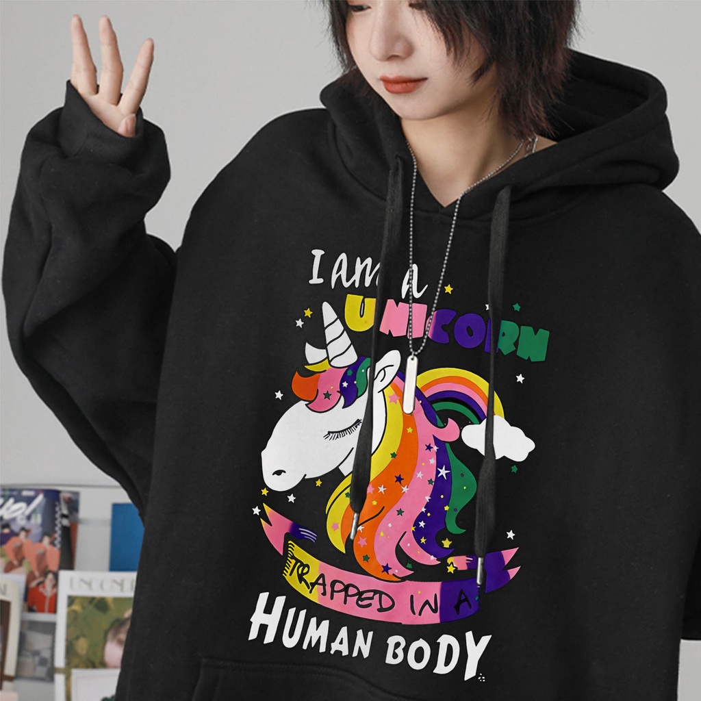 ZHELIHANGFEI Áo Hoodie Dáng Rộng In Hình Kỳ Lân Cầu Vồng Dễ Phối Đồ