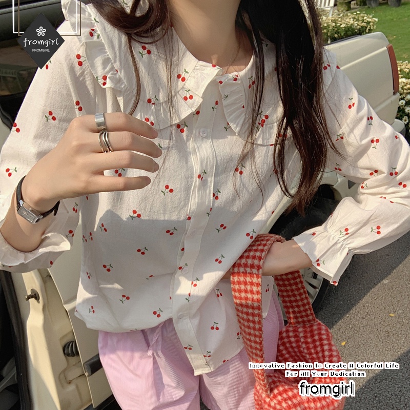 Áo Sơ Mi Tay Dài Cổ Búp Bê In Họa Tiết Quả cherry Hoạt Hình Xinh Xắn Cho Nữ