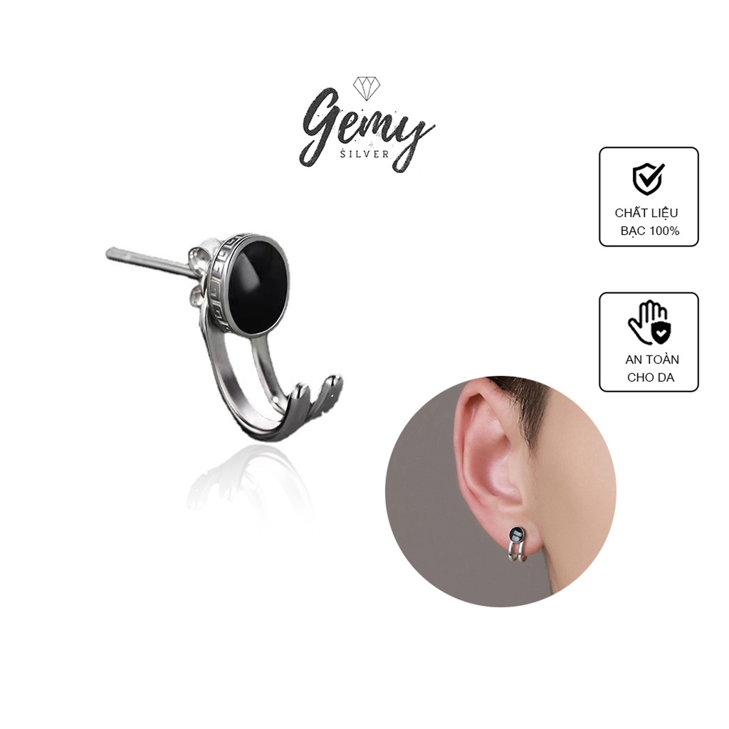 Khuyên tai nam bạc tròn mặt đen s925 xi bạch kim Shadow Hunter độc đáo, cá tính, unisex (1 chiếc) | GEMY SILVER KN36
