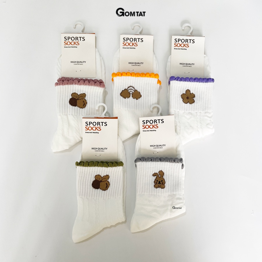 Set 5 đôi vớ cổ trung nữ tai bèo, tất nữ cổ trung hoạ tiết hình thú, chất liệu cotton mềm mại -LISU15-LUNG-TAIBEO-THU