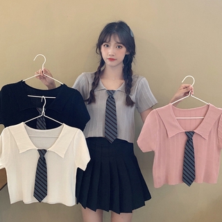 POLO cổ áo mỏng giảm béo ngắn sinh viên tính khí áo len ngắn tay croptop 9550