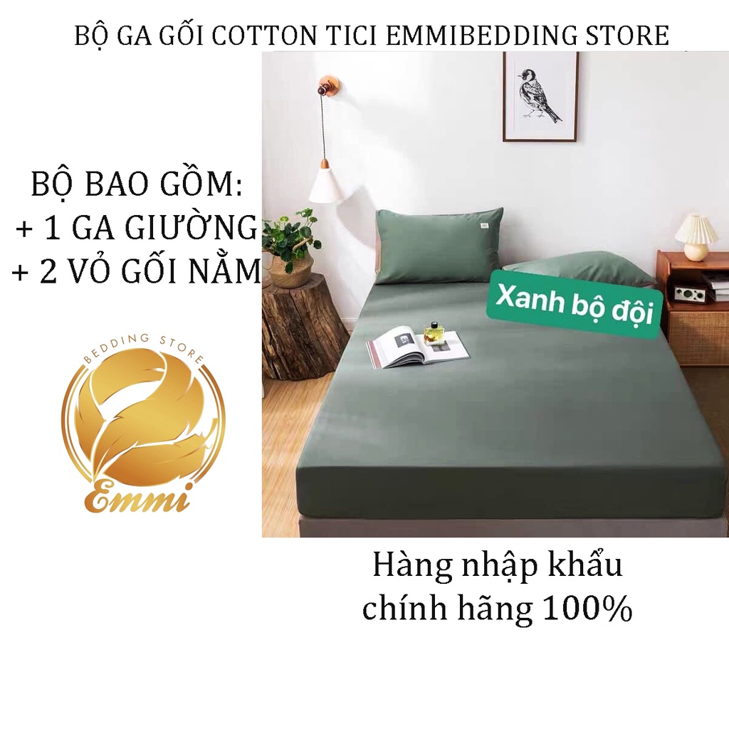 Bộ Ga giường, ga gối TC trơn màu xanh min bộ đội EmmiBedding gồm 1 ga và 2 áo gối nằm