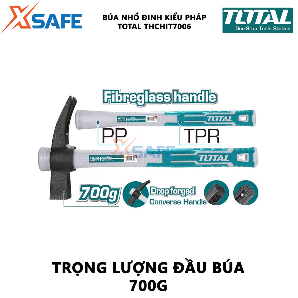 Búa nhổ đinh kiểu pháp TOTAL THCHIT7006 Búa cầm tay trọng lượng 700g, đầu búa được đúc rèn nguyên khối, chịu nhiệt