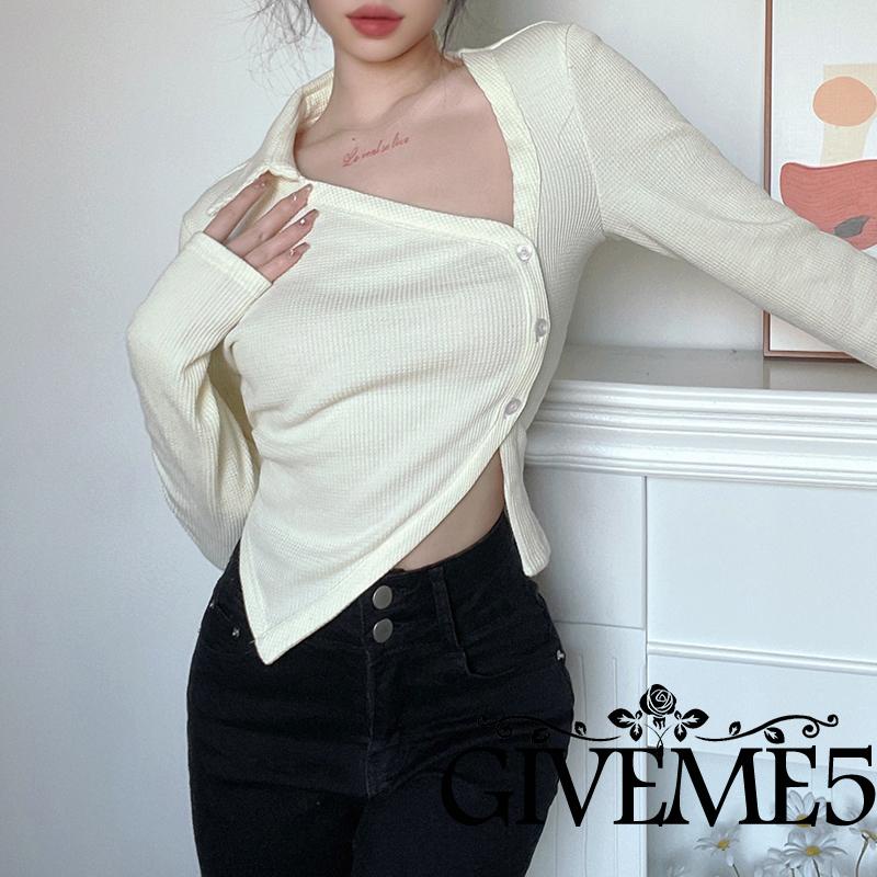 Áo croptop tay dài cổ chữ V màu sắc thời trang cho nữ