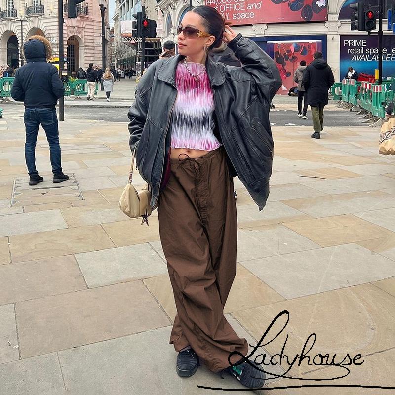 Quần ống rộng Màu Trơn Phối Dây Rút Thời Trang Mùa Xuân Cho Nữ Màu Đen/Nâu