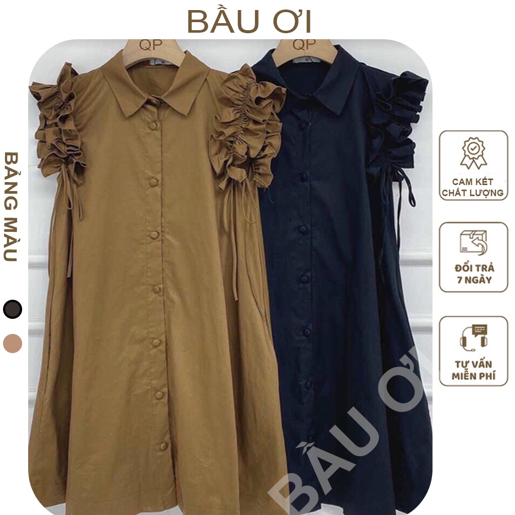 [BAUOI] VÁY BẦU SÁT NÁCH - CỔ SƠ MI TAY BÈO, DÁNG XUÔNG PHÔNG RỘNG ĐẸP - KHUY THẬT CHẤT MÁT MÀU NÂU, ĐEN