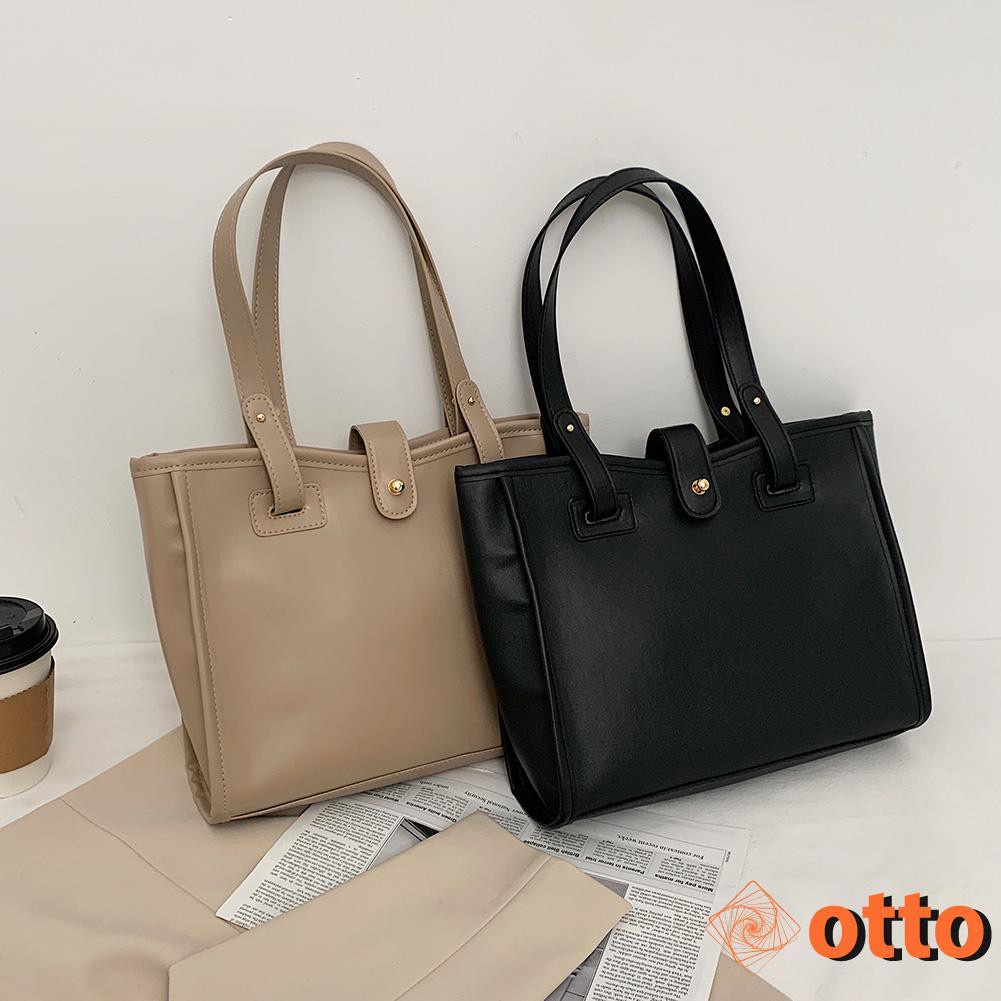 Women Big Capacity Shoulder Bag Solid Color Top-handle Tote Portable PU Leather Shopping Satchels