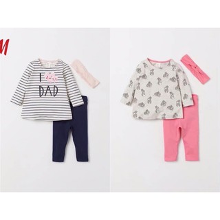Bộ dài tay cotton xuất dư HM bé gái kèm turban/băng đô