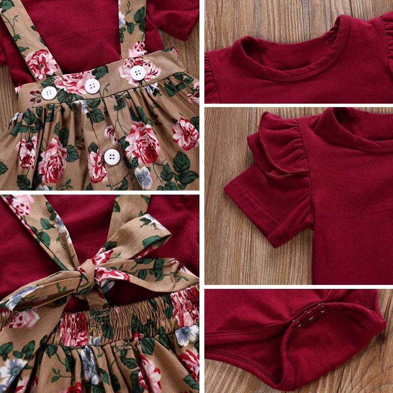 Bộ trang phục 3 món gồm áo liền quần tay ngắn + váy yếm in hoa + băng đô cho bé gái sơ sinh