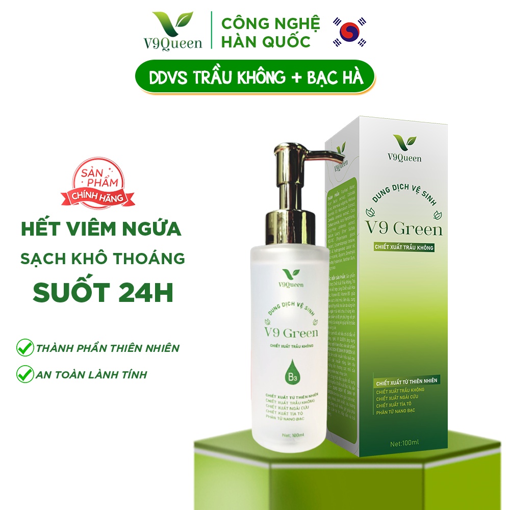 Dung Dịch Vệ Sinh Phụ Nữ V9Queen, Dung Dịch Vệ Sinh Mẹ Bầu Trầu Không, NANO Bạc, Tía Tô, Ngừa Viêm Giảm Ngứa V9 Green