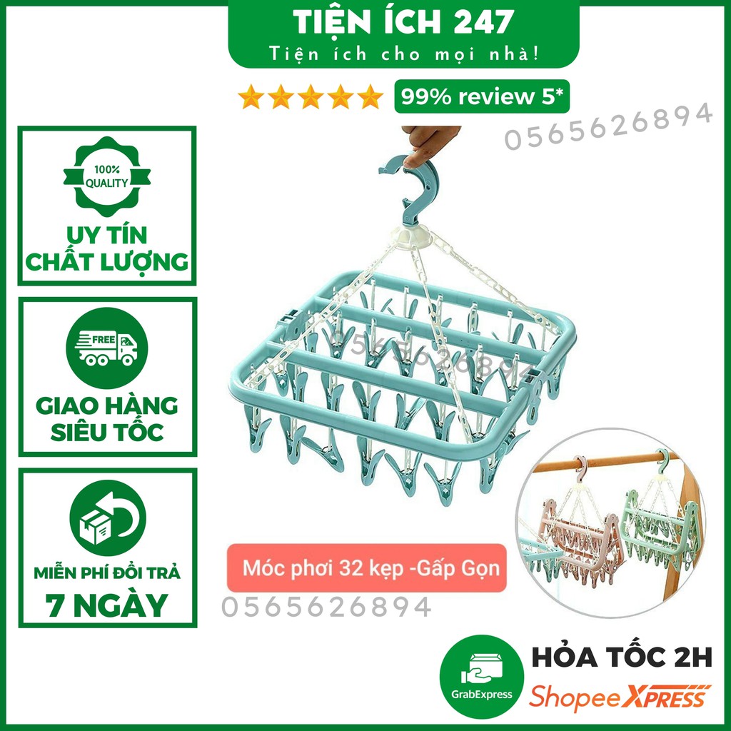 Móc chùm phơi quần áo, đồ trẻ em, tã, đồ nhỏ, quần lót nam nữ (32 Kẹp) - Tienich247