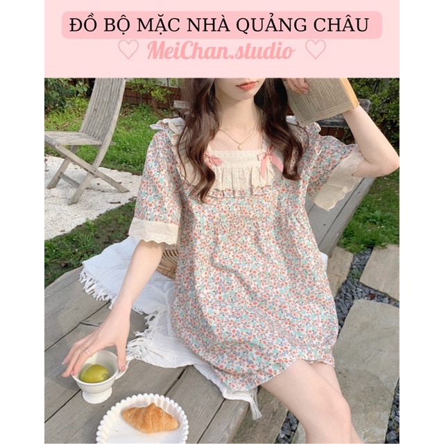 Đồ Ngủ_ Đồ Bộ Nữ Mặc Nhà Xinh Xắn Hoa Nhí Cộc Tay Cổ Vuông Phối Bèo Ren Nơ Ulzzang Quảng Châu