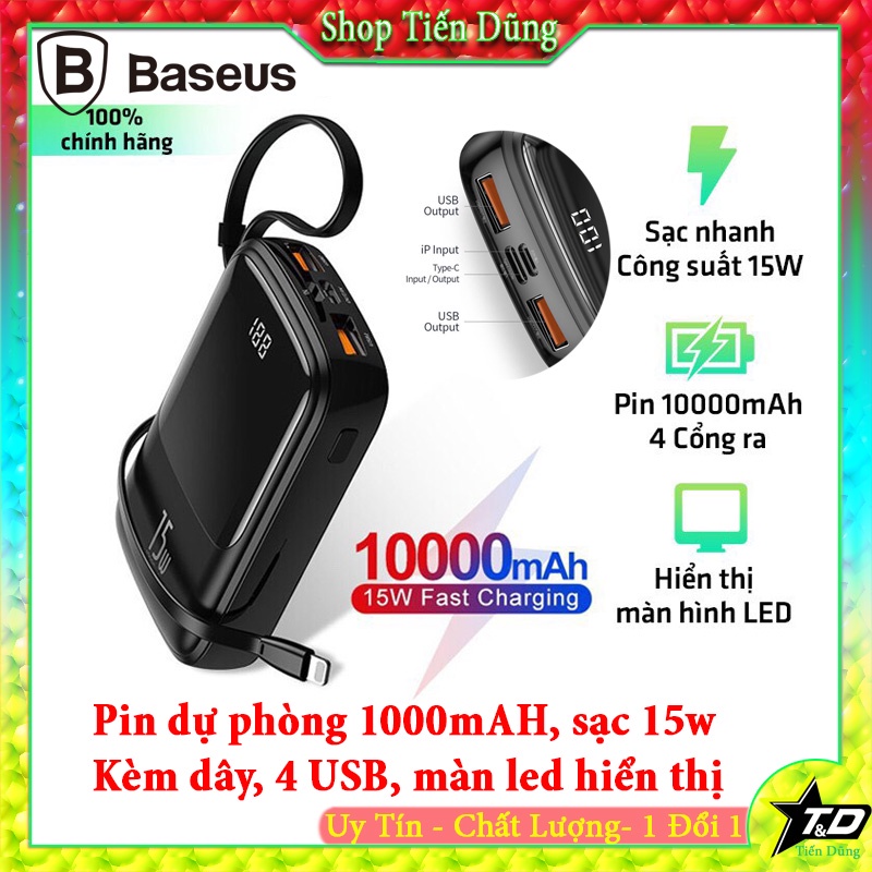 Sạc Dự Phòng Tích Hợp Cáp Sạc Baseus Q Pow DiGital Display Dung lượng 10000mAh 3A 15w Có Màn Hình Led Hiển Thị Pin