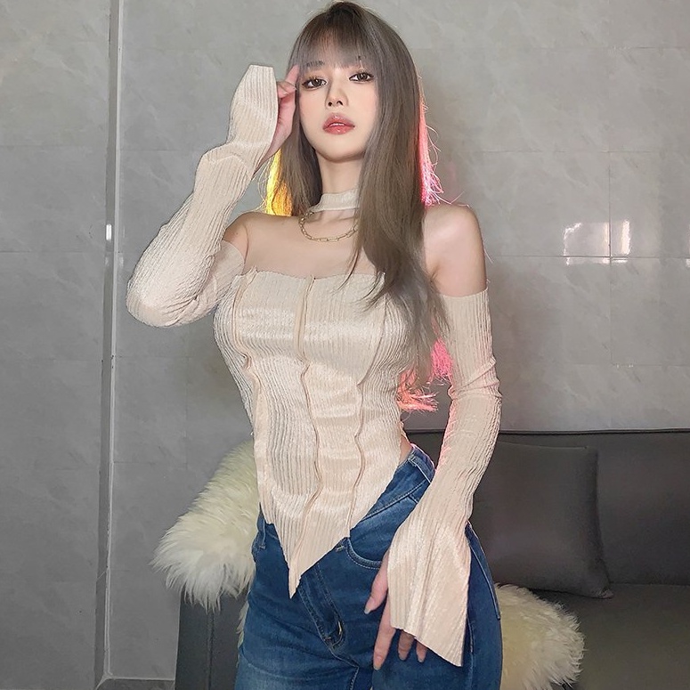 [AdorablexBeautiful] Áo Ống Tay Dài Cổ Yếm Trễ Vai Hở Lưng Nhiều Màu Phong Cách Sexy Quyến Rũ Ulzzang